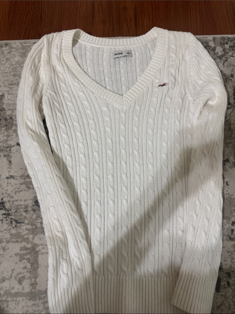 Hollister Cream Cable Knit V-Neck Sweater with Embroidered Logo